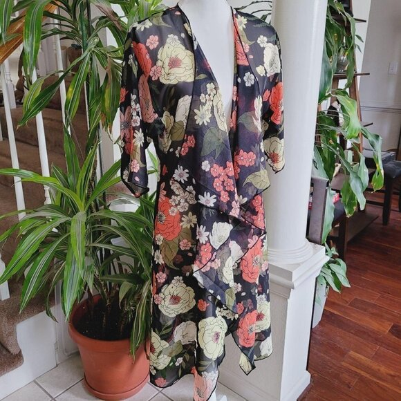 Sheer Floral Kimono Duster Cover Up Floral Neutral - Picture 1 of 7